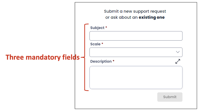 Image showing the three mandatory fields to raise a support ticket